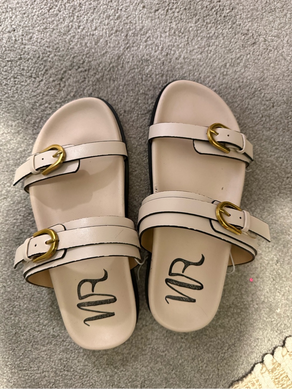 Not Rated Cream Double-Buckle Slide Sandals with Gold Buckles